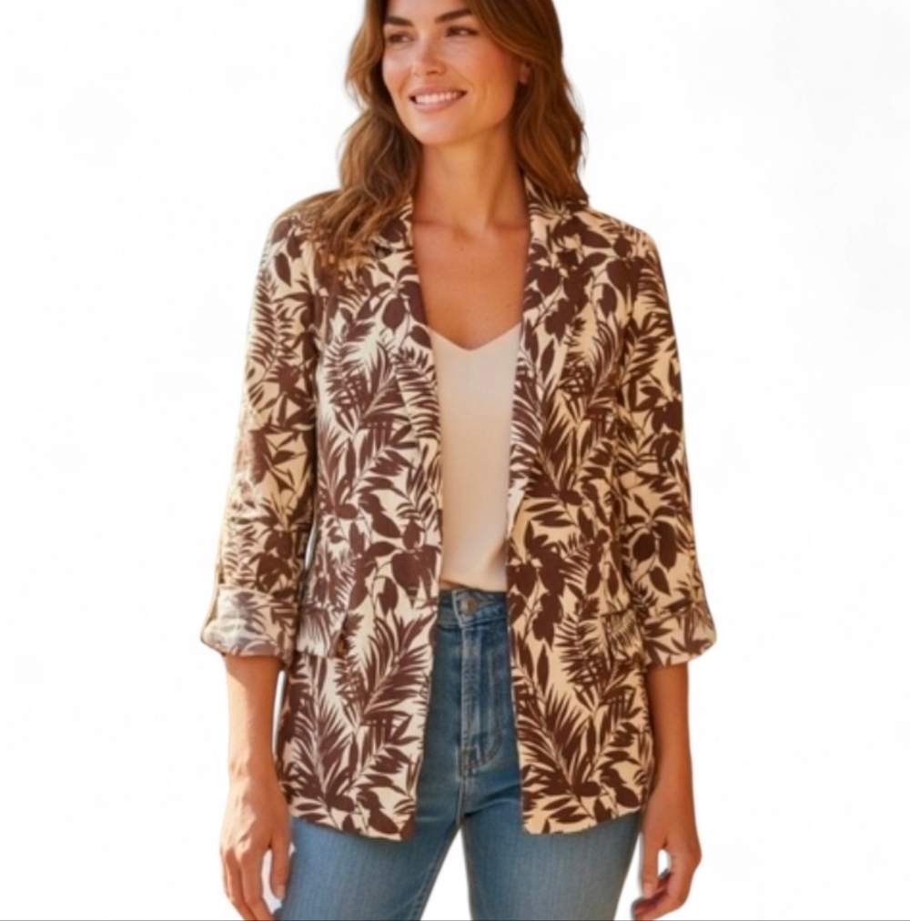 MNG Linen Brown and Cream Leaf Print Blazer NWT